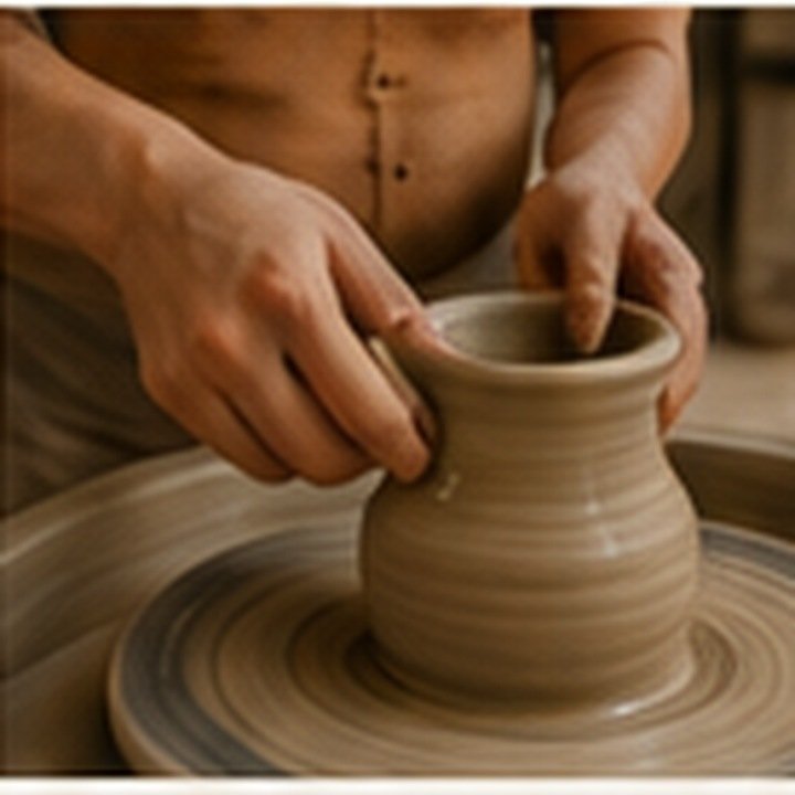 Hands shaping clay on a pottery wheel