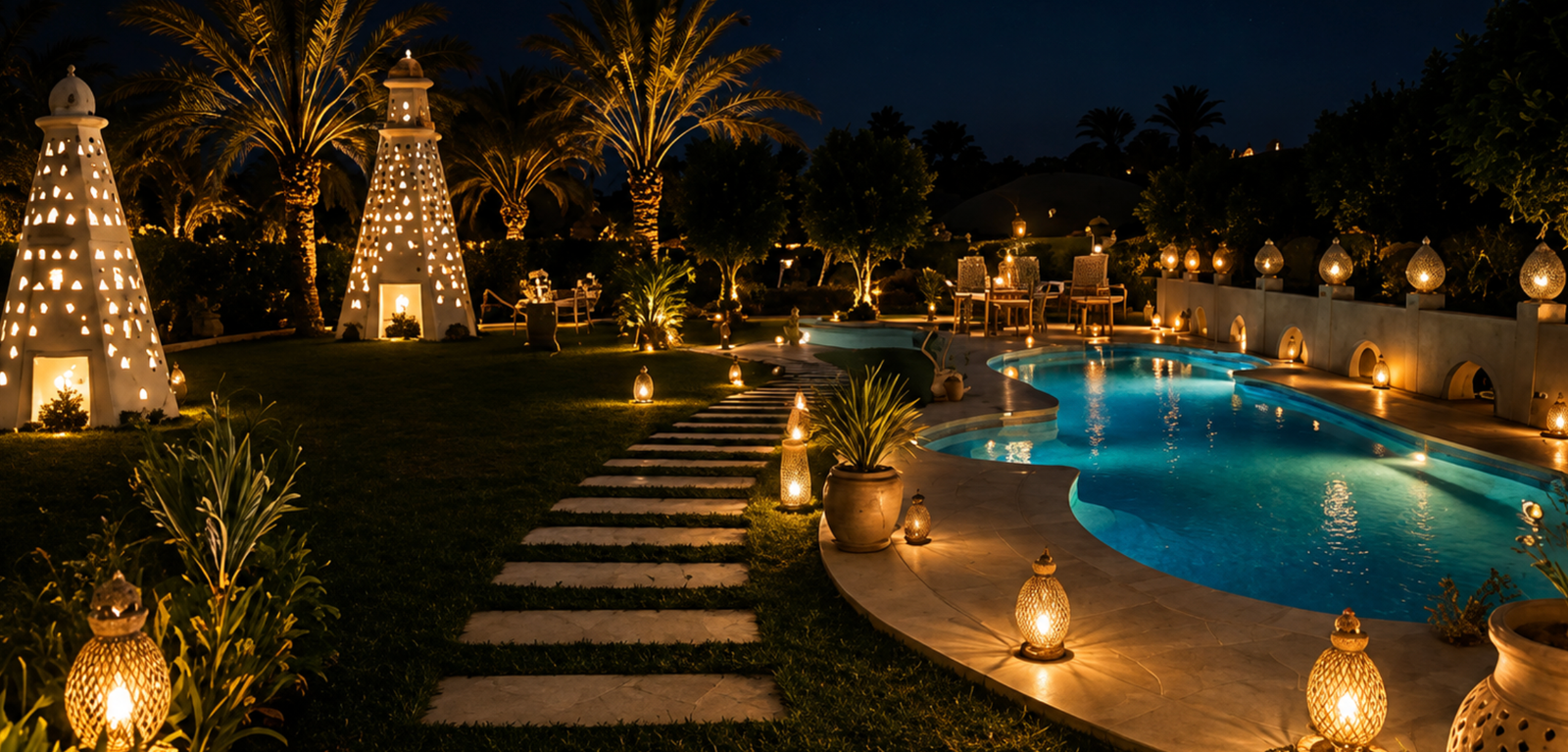 Stone guesthouse illuminated at night