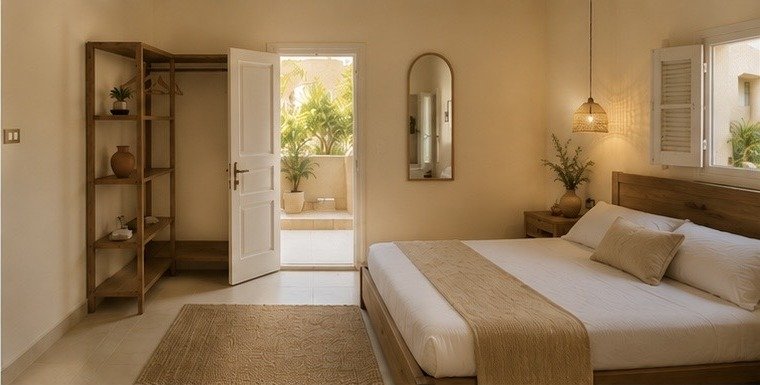 Bright guest room opening to the garden