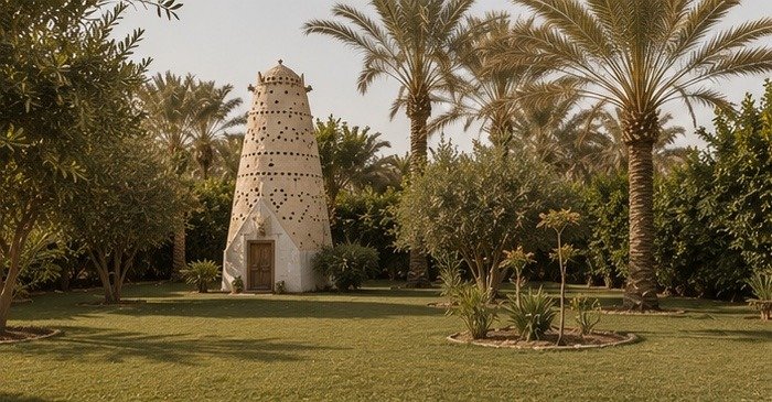 Garden and traditional tower at Slow Tunis